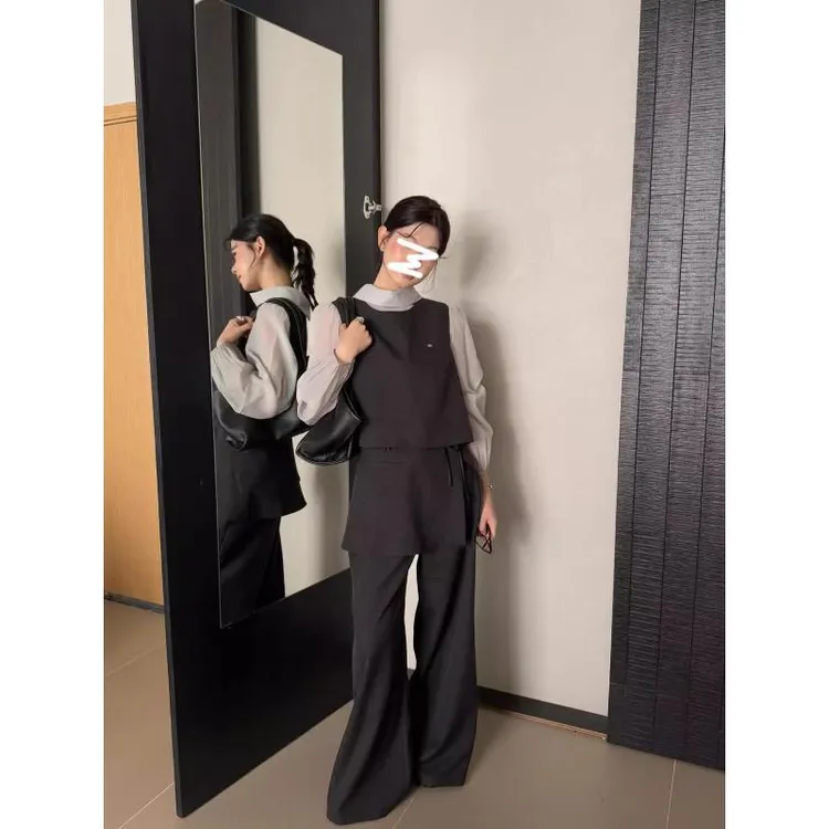 韩系复古时尚套装背心马甲衬衫两件套女秋季阔腿西装休闲裤两件套
