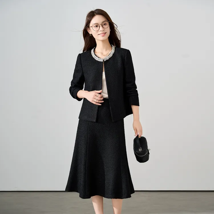 优雅气质风小香风显瘦时尚法式名媛秋冬洋气黑色通勤女神范套装裙