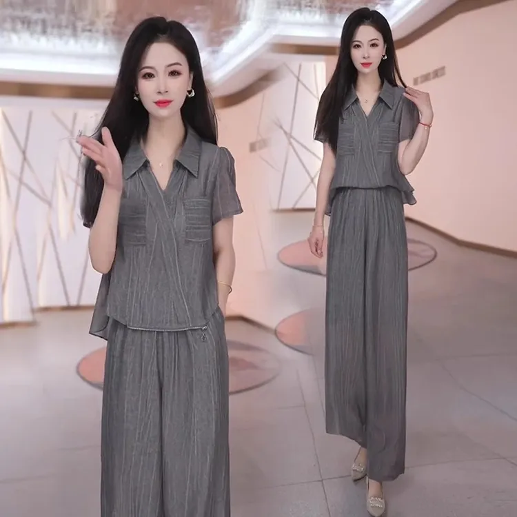 时尚洋气套装女2025夏季新款宽松显瘦衬衫上衣阔腿裤冰丝两件套潮