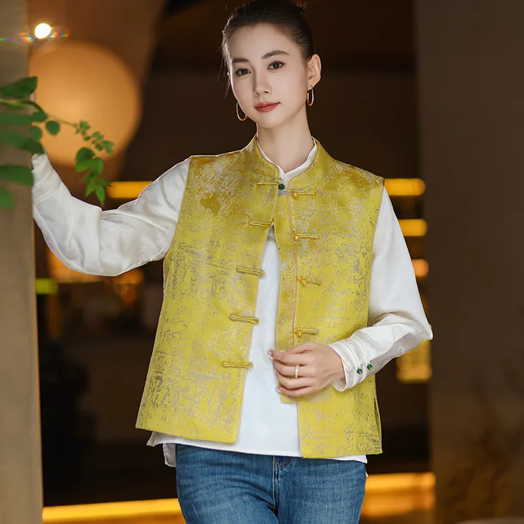 【凤凰与飞】黄色新中式马甲女2025秋款国风提花缎面坎肩叠穿背心