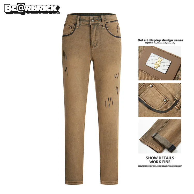 积木熊Be@rbrick【明星同款】人工手绘牛仔裤男潮流修身裤弹力秋冬