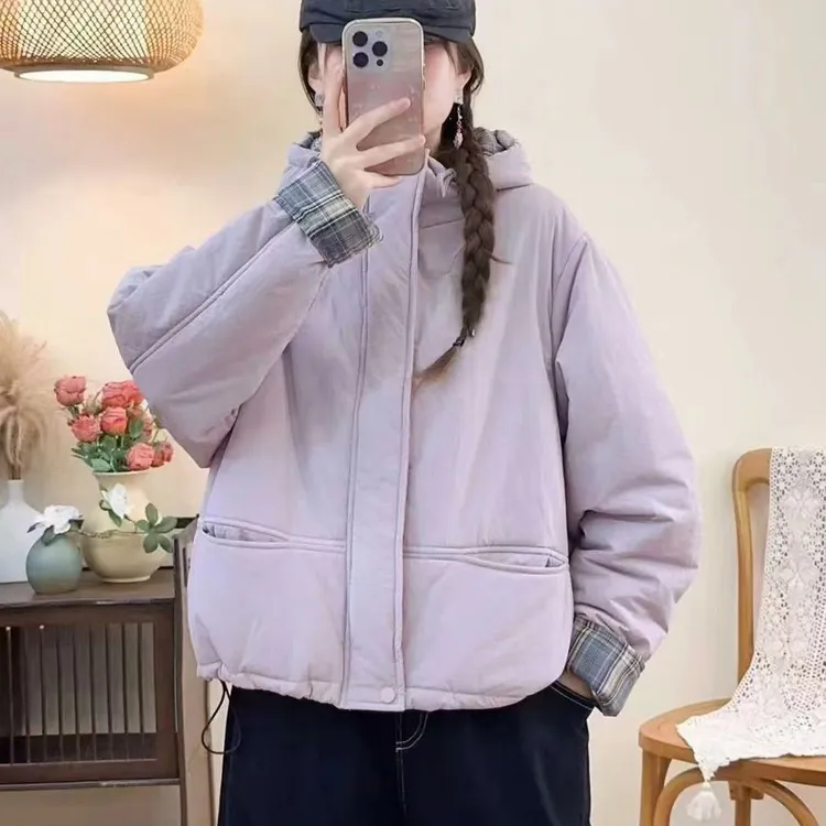 韩版棉服格子拼接短外套休闲连帽撞色百搭宽松保暖上衣小个子女冬