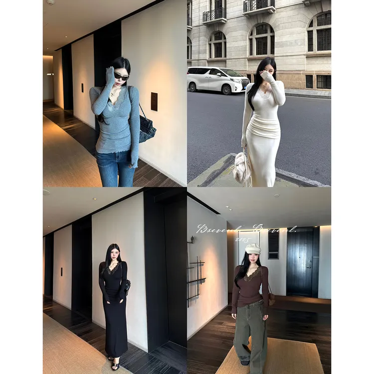 黑泽玄七12/10女神系御遮肉显瘦睫毛蕾丝V领加绒细坑条连衣裙上衣