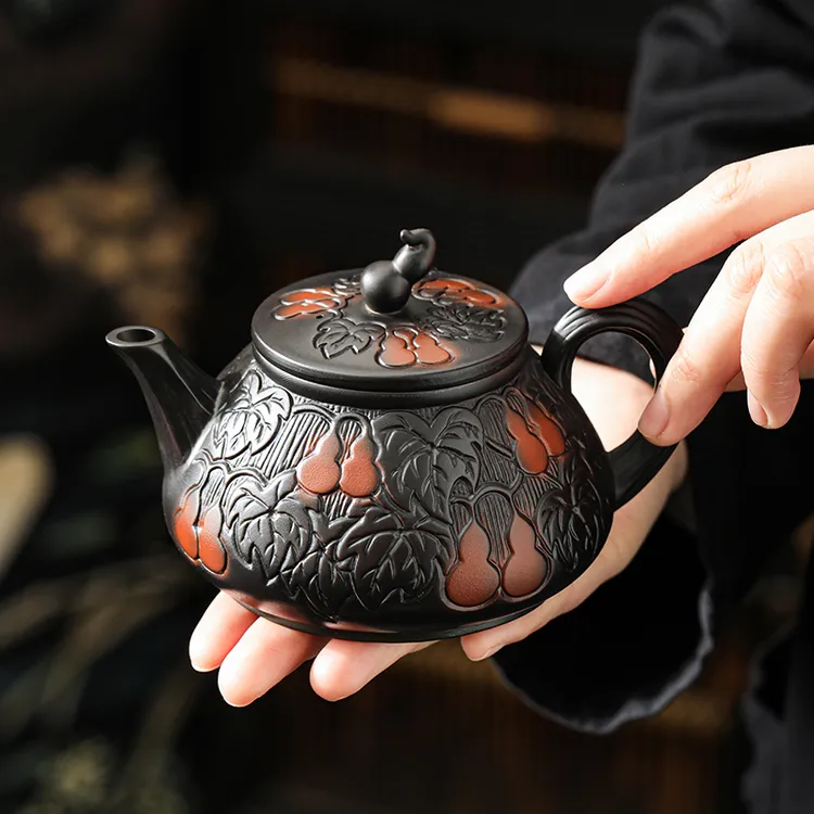 云南紫陶福禄茶壶泡茶专用手工浮雕凤鸣壶大容量家用功夫茶具单壶
