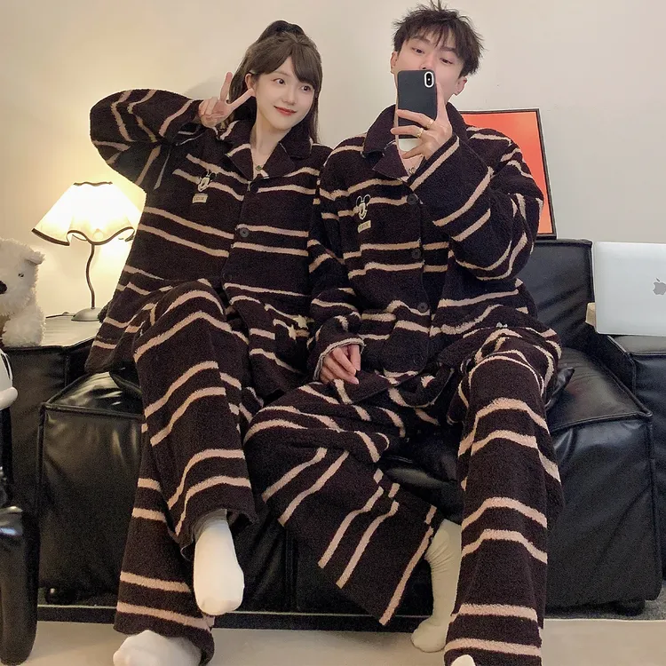 情侣睡衣女春秋冬季珊瑚绒加厚家居服男士仿半边绒可外穿米奇套装