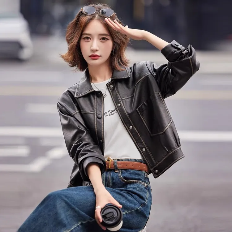 高级感复古机车皮衣外套2024春秋港港风复古新款小个子夹克上衣潮