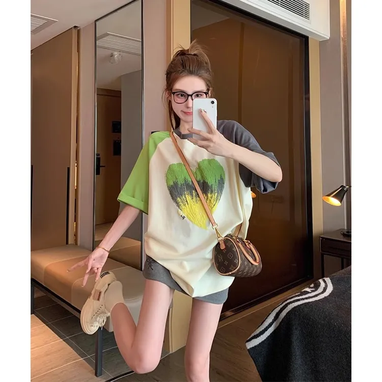 美式插肩短袖t恤女设计感小众渐变爱心潮牌宽松oversize撞色上衣