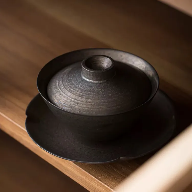 铁釉三才盖碗茶盖碗复古陶瓷泡茶器粗陶手工不烫手功夫茶具茶碗