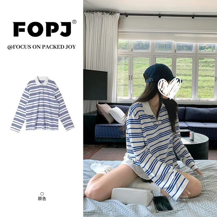 FOPJ美式慵懒风蓝白条纹POLO领长袖t恤女设计感休闲百搭辣妹上衣