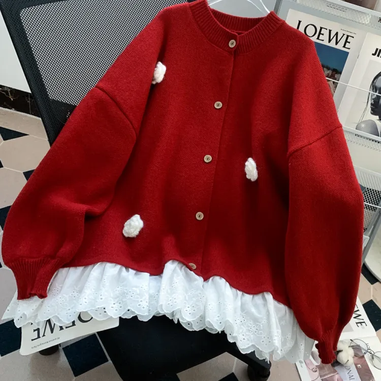 氛围感立体花朵蕾丝拼接红色毛衣外套女秋冬宽松设计显瘦针织开衫