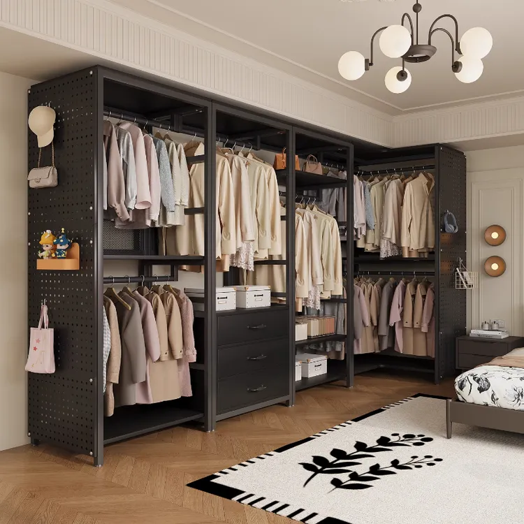 金属衣柜家用卧室一体组合衣帽间洞洞板转角衣橱简易组装衣服柜子