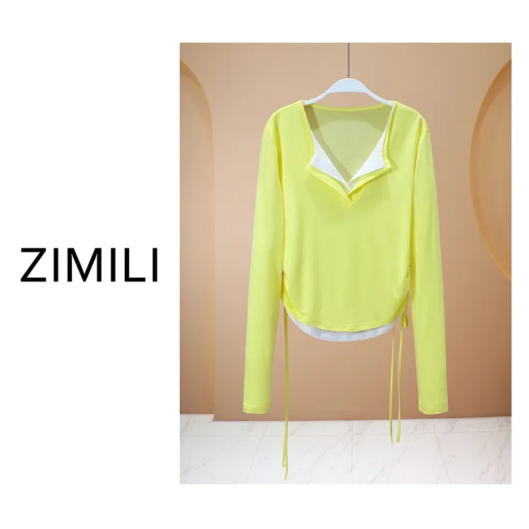 【LIANG哥女装】2025欧版莱赛尔天丝鹅黄色V领收腰假两件爽肤衣3238