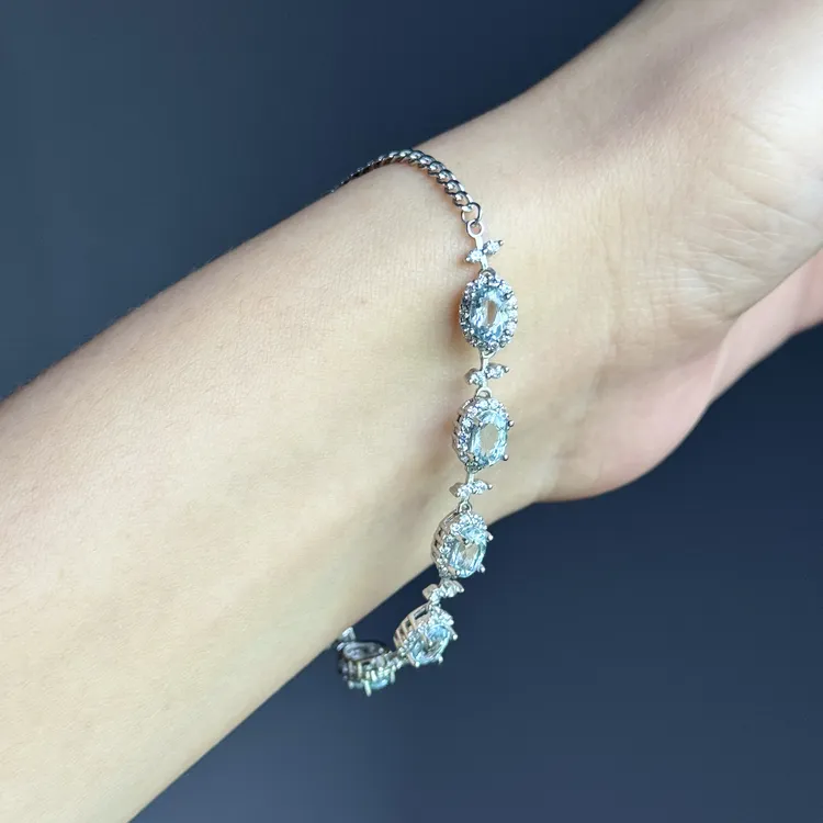天然原矿海蓝宝石手链原创设计仙女手工镶嵌925银手链女生礼物