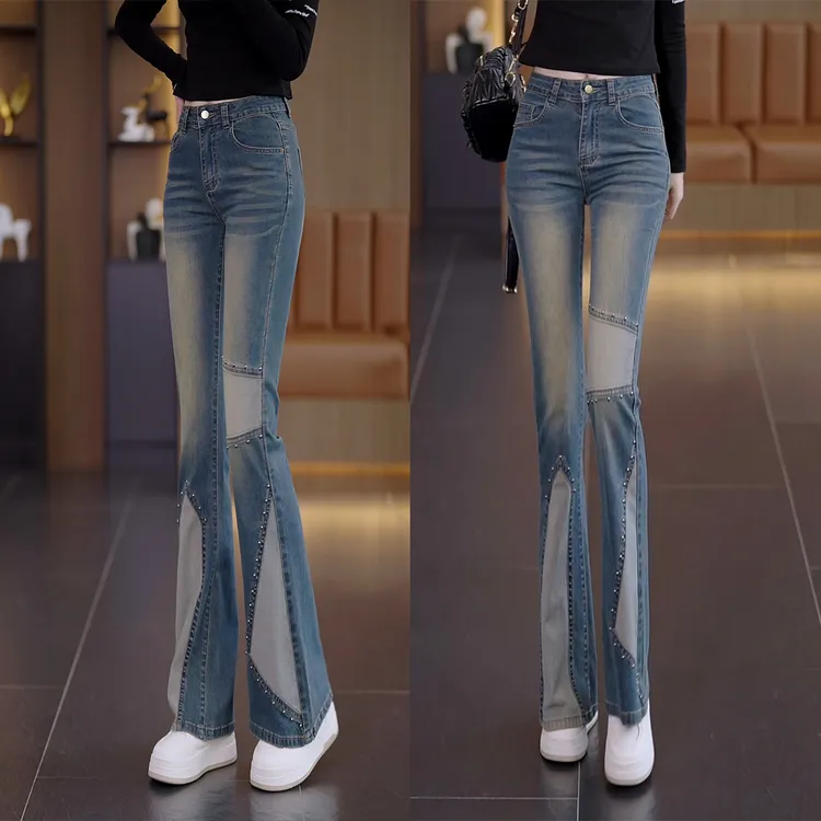 小个子高腰显瘦子微喇叭裤垂感马蹄裤春秋美式复古蓝拼接牛仔裤女