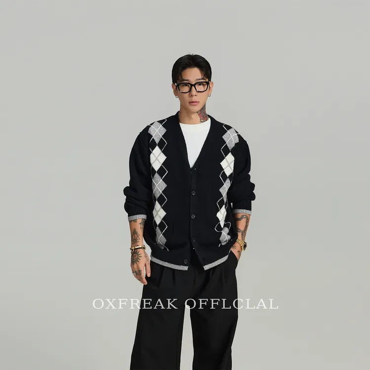 OXFREAK「撞色菱格提花」老钱风开衫毛衣男冬季加厚高级感针织衫