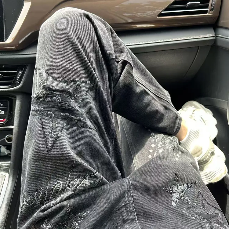 破洞补丁锥形牛仔裤男款潮牌痞帅五角星亮片设计小脚微垮长裤子男
