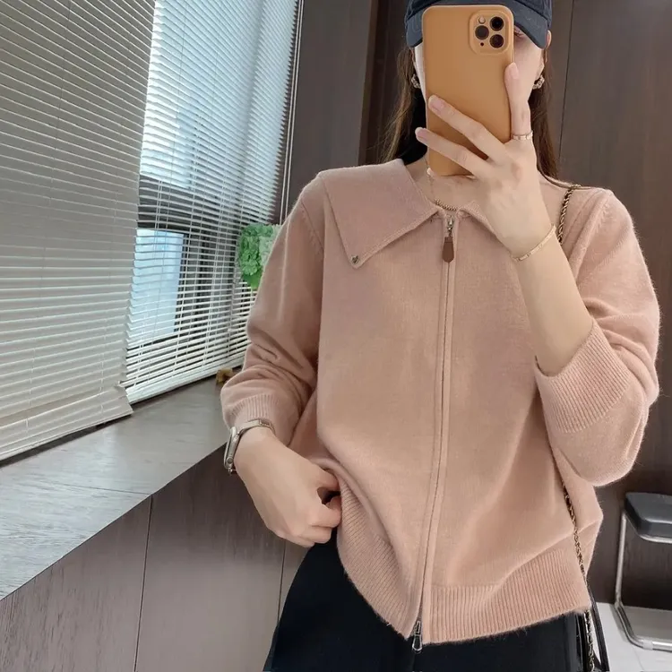 1翻领秋季厚款毛针织衫秋冬针织开衫短款女保暖