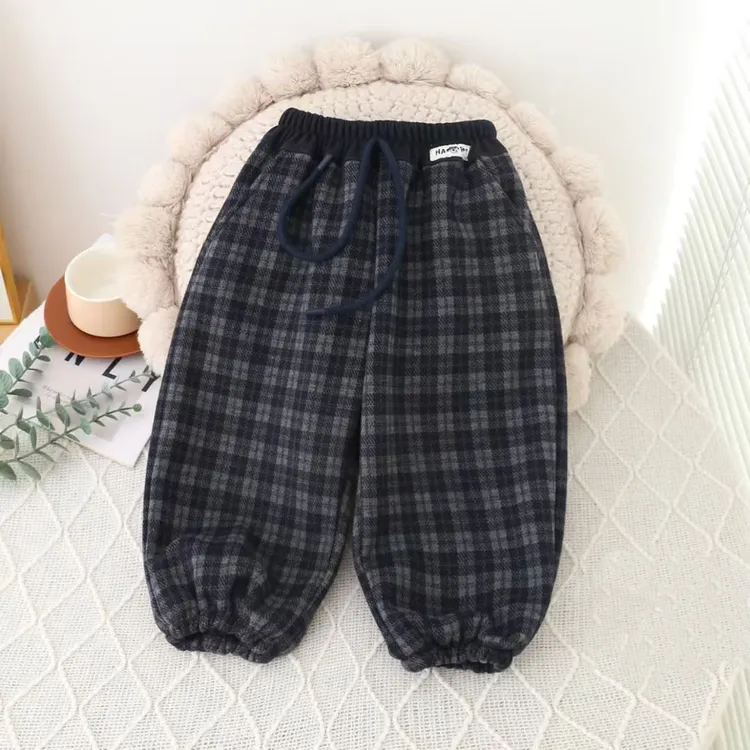 【650克重】男女童格子秋冬收脚裤高腰冬季松紧腰休闲裤加绒加厚