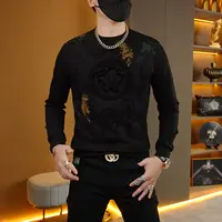 秋冬季轻奢潮流个性痞帅时尚舒适植绒百搭烫钻男士款修身圆领长袖