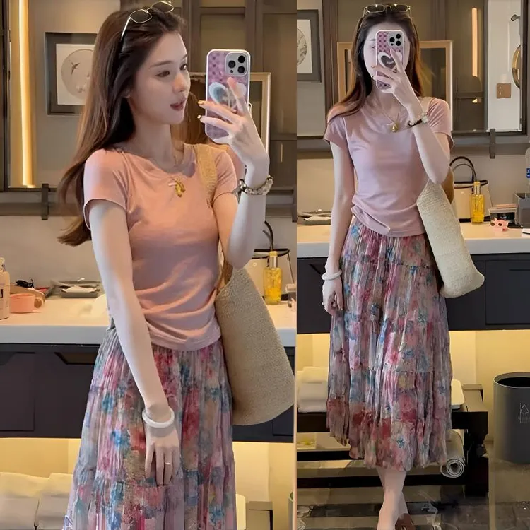 夏季搭配一整套温柔风洋气粉色短袖T恤女百搭碎花半身裙套装裙