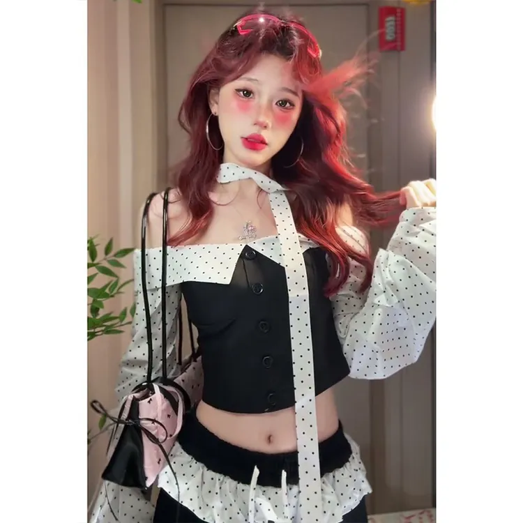 法式时髦波点芭蕾风长袖一字肩抹胸上衣秋季辣妹高腰阔腿裤套装女