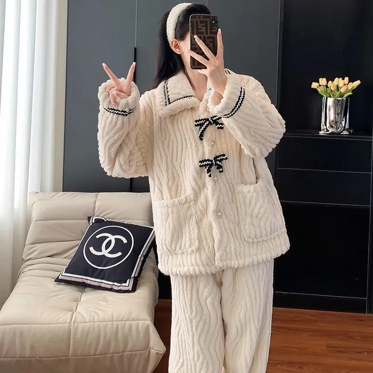 蝴蝶结珊瑚绒睡衣家居服女冬天加厚加绒保暖睡衣女款爆款2025新款