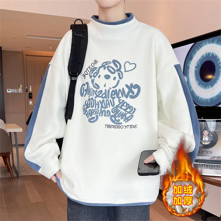 加绒加厚保暖青少年奥利绒卫衣学生打底衫大童初高中宽松潮流长袖