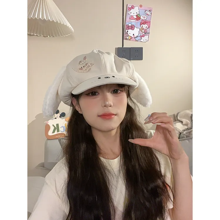 可爱兔子毛绒耳朵八角帽女百搭大头围显脸小云朵帽新款(52-60cm)