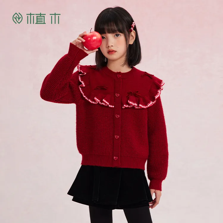 植木童装儿童毛衣中大童蝴蝶结套头年服女童毛衣2025冬季新款