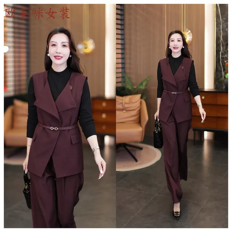 时尚套装女洋气减龄马甲外套显瘦气质正装春秋打底衫阔腿裤三件套