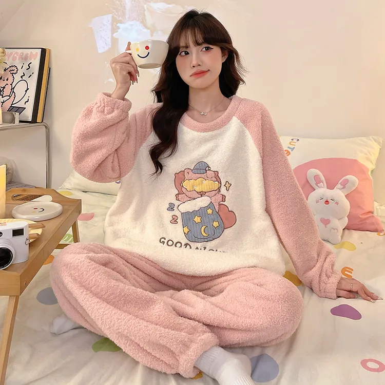 2025秋冬季新款半边绒睡衣女可爱卡通珊瑚绒加厚加绒家居服套装