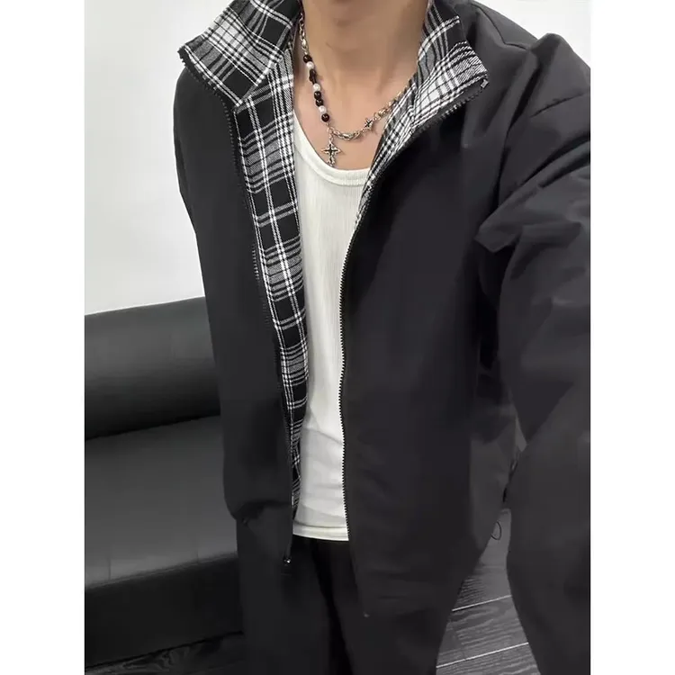 fitcheck拼接格子外套男款高级感立领工装夹克美式短款情侣棒球服