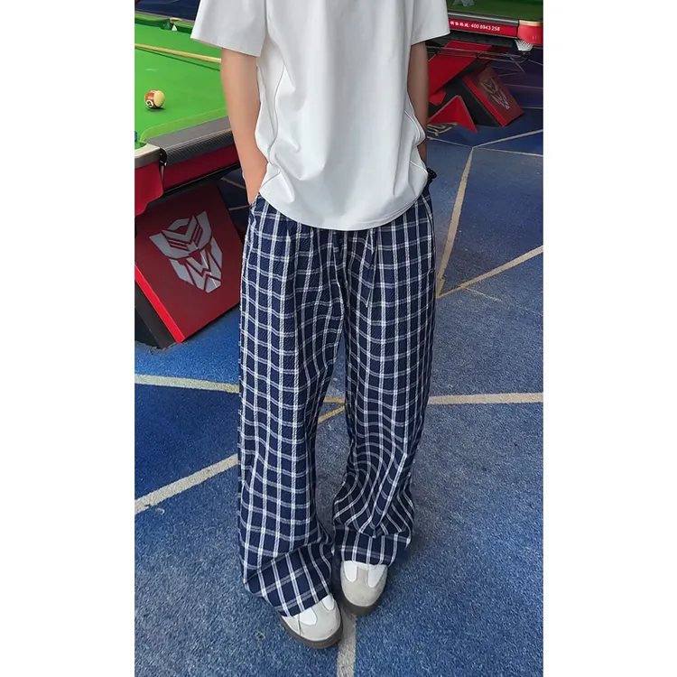 复古显瘦蓝色薄款泡泡纱格纹直筒裤子男士初秋穿搭宽松休闲长裤潮