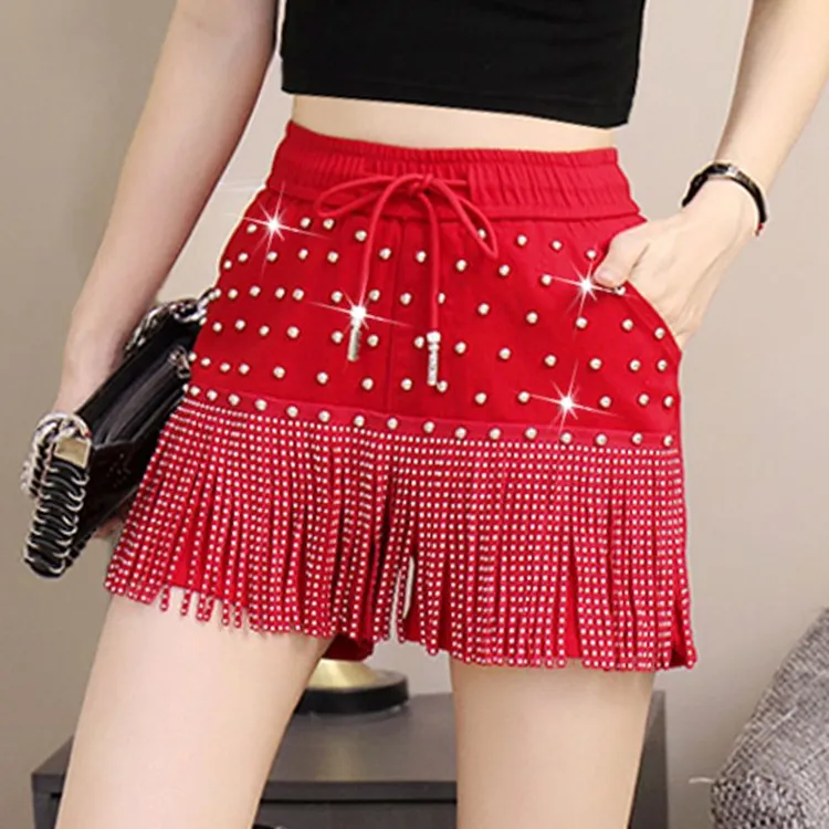 红色短裤女松紧腰新款韩版时尚高腰洋气铆钉美式辣妹舞蹈裙裤重工