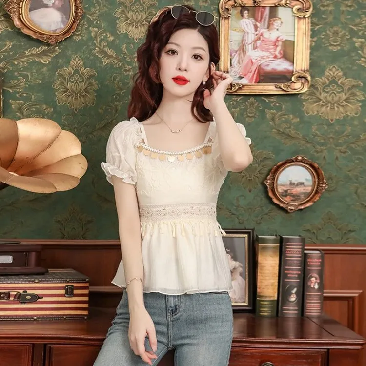 一字肩短袖雪纺衫女夏季2025新款复古流苏收腰衬衫设计感露肩上衣