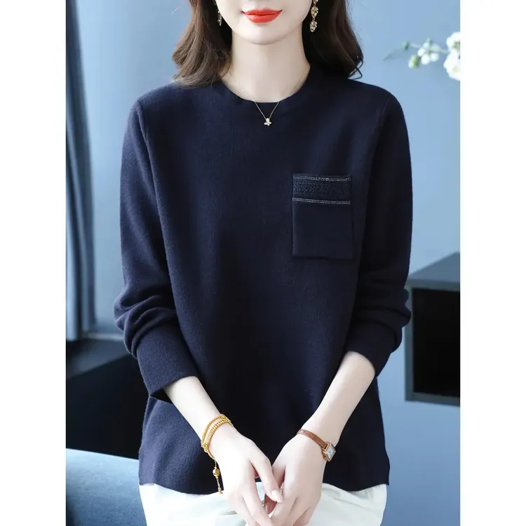 中年妈妈针织圆领套头衫女上衣时尚秋冬宽松大码纯色内搭打底毛衣