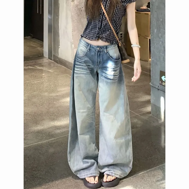 小个子美式折痕阔腿牛仔裤女刺绣复古新款高腰显瘦宽松直筒拖地裤