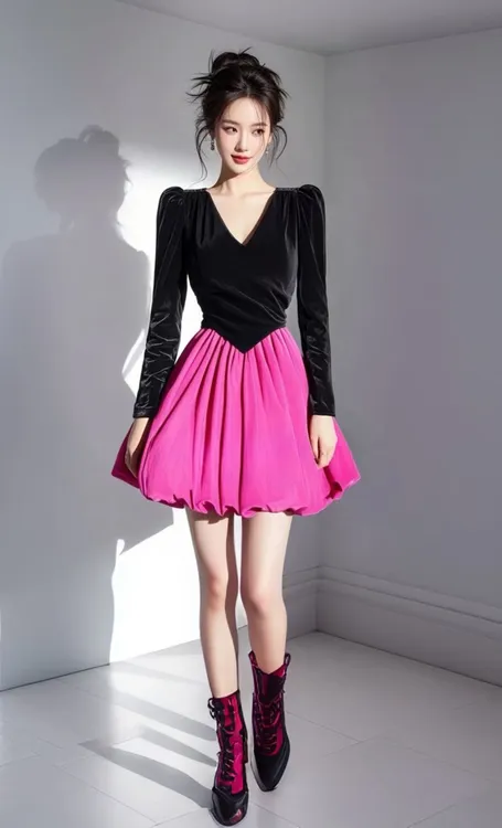 SS954新款玫红色撞色拼接丝绒连衣裙名媛千金风法式花苞蓬蓬裙