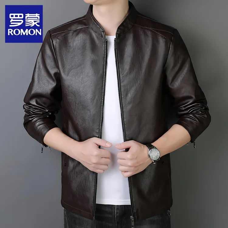 Romon/罗蒙春秋季新款PU皮立领开衫新品机车皮衣潮流休闲夹克外套