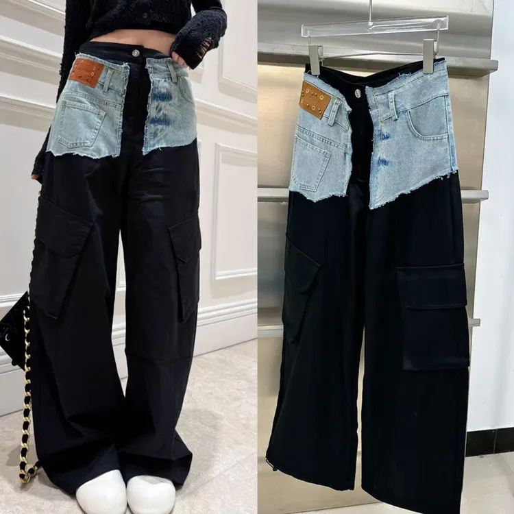 美式复古毛边牛仔拼接高腰工装裤女2025秋冬新款炸街阔腿休闲小众