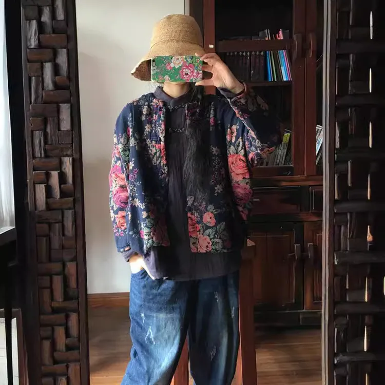 落古泥复古民族风棉衣棉服短款双层兰大花