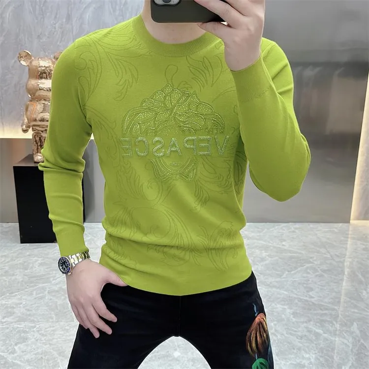 2025早秋针织衫男轻奢新品时尚圆领印花烫钻毛衣修身长袖打底衫潮