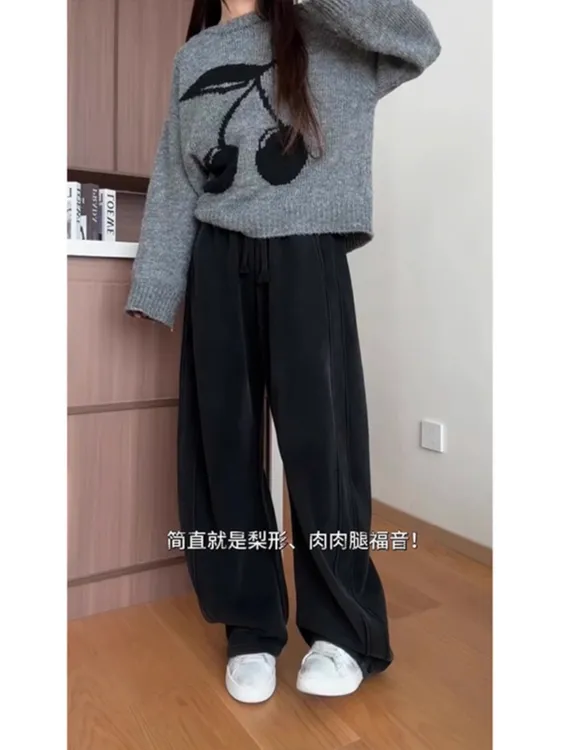 大码黑色休闲运动裤女秋宽松阔腿香蕉卫裤胖mm显瘦高腰阔腿弯刀裤