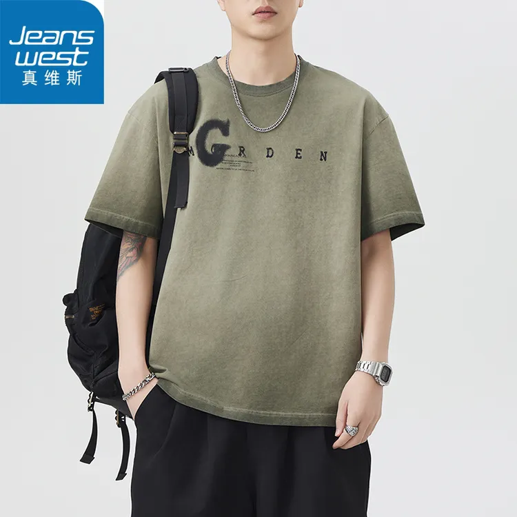Jeanswest/真维斯夏季重磅290克印花水洗纯棉袖T恤男国潮美式日系