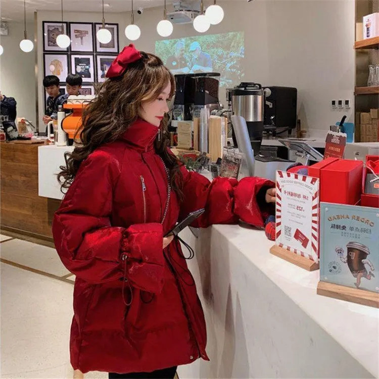 立领收腰显瘦棉服外套女冬季韩版时尚中长款保暖加厚面包服潮红色