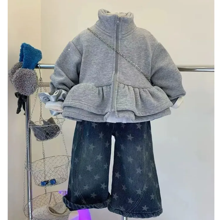 女童加绒外套秋冬2025双层花边下摆拉链衫休闲开衫miu系花苞卫衣