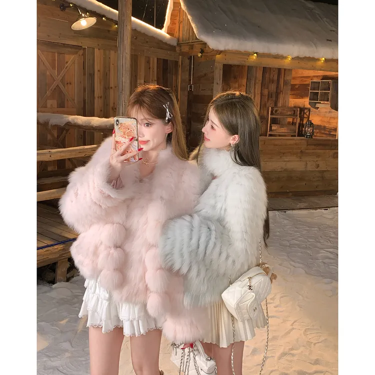 冰冰来了【北海道恋人】名媛感轻奢毛球皮草短款狐狸毛外套W27366