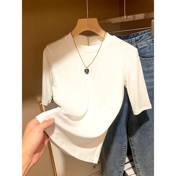 半袖正肩T恤女五分袖白色圆领早春超好看甜辣独特中袖上衣打底衫