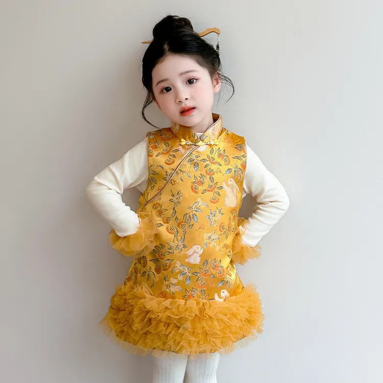 女童国风旗袍裙套装冬季2025新款女宝宝周岁礼服网纱拼接汉服裙子