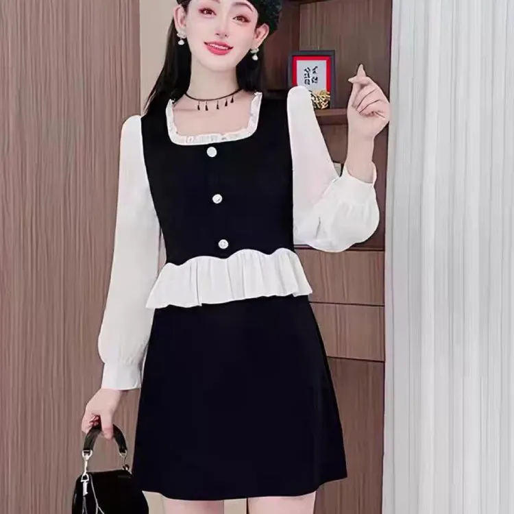 新款优雅轻奢修身显瘦拼接假两件连衣裙
